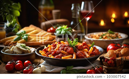 Classic italian pasta penne alla arrabiata with fresh basil on a wooden table, traditional Italian food in restaurant with good wine Classic italian pasta penne alla arrabiata with fresh basil on a wooden table, traditional Italian food in restaurant with good wine 103007542
