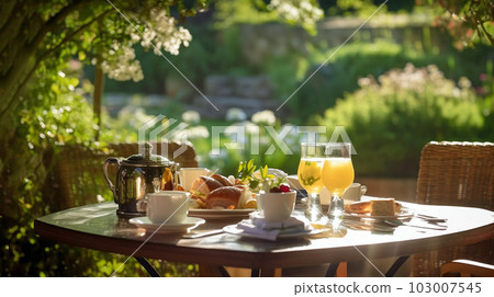 breakfast at summer in green park or garden. wooden table, flowers in vase, sweet croissants.fresh coffee or tea. with summer,spring morning light 103007545