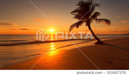 Silhouette of palm trees Beautiful sunset on the tropical sea beach background for travel in holiday relax time , 103007576