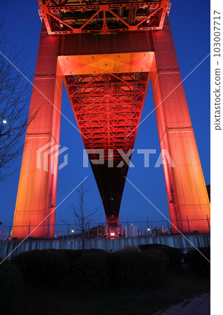 Wakato Bridge glowing red at dusk Wakato Bridge glowing red at dusk 103007717