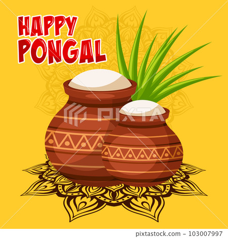 Traditional clay pots with rice and sugar cane for Happy Pongal harvest festival celebration card with mandala background Traditional clay pots with rice and sugar cane for Happy Pongal harvest festival celebration card with mandala background 103007997