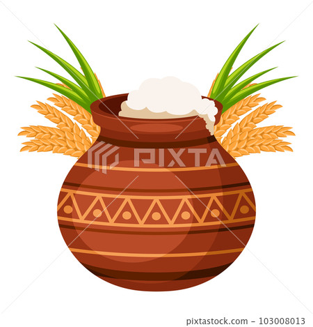 Traditional clay pot with rice, sugarcane and wheat for Happy Pongal harvest festival celebration card Traditional clay pot with rice, sugarcane and wheat for Happy Pongal harvest festival celebration card 103008013