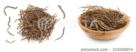 Dried Valerian root isolated on white background. Valeriana officinalis with full depth of field. Top view. Flat lay 103008954