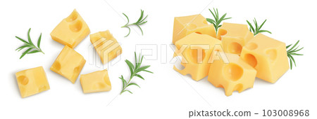 cubes of cheese isolated on white background. Top view. Flat lay 103008968