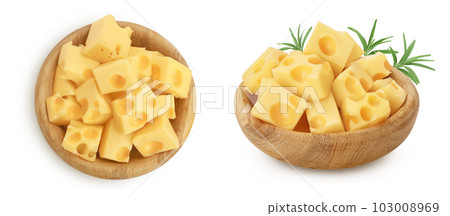 cubes of cheese in wooden bowl isolated on white background. Top view. Flat lay cubes of cheese in wooden bowl isolated on white background. Top view. Flat lay 103008969