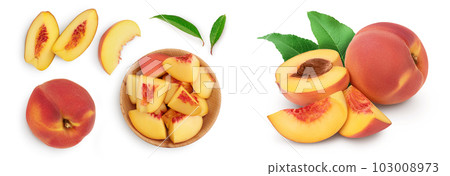 ripe peach isolated on white background. Top view with copy space for your text. Flat lay pattern ripe peach isolated on white background. Top view with copy space for your text. Flat lay pattern 103008973