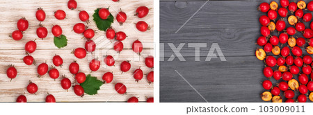 Hawthorn berry with leaves on a white and black wooden background. top view Hawthorn berry with leaves on a white and black wooden background. top view 103009011