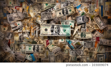 A collage of banknotes from different countries in retro style, Genetated AI 103009074