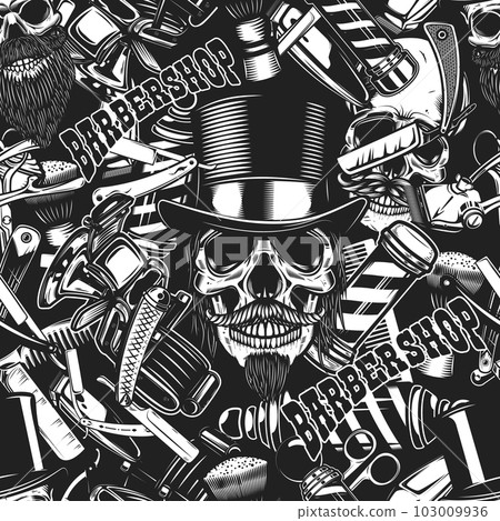 Seamless pattern with barbershop design elements in monochrome style. Design element for poster, card, banner. Vector illustration 103009936