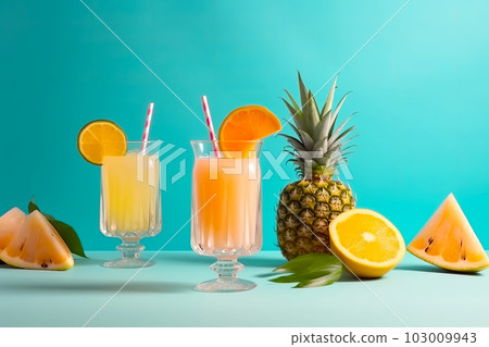 Tropical cocktail set on minimal pastel background. Generative AI illustration Tropical cocktail set on minimal pastel background. Generative AI illustration 103009943