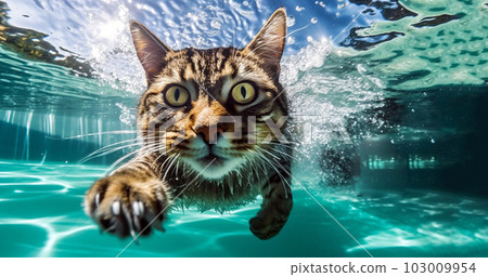 Funny cat swimming in public pool in the summer, looking scared, wet cat,humor,fun concept Funny cat swimming in public pool in the summer, looking scared, wet cat,humor,fun concept 103009954