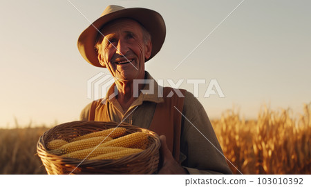 A mature senior man farmer stands in a field with baskets of corn in his hands against the backdrop of sunset at the golden hour. Ingathering. Corn harvest. A man wears a hat. Generated by AI A mature senior man farmer stands in a field with baskets of corn in his hands against the backdrop of sunset at the golden hour. Ingathering. Corn harvest. A man wears a hat. Generated by AI 103010392