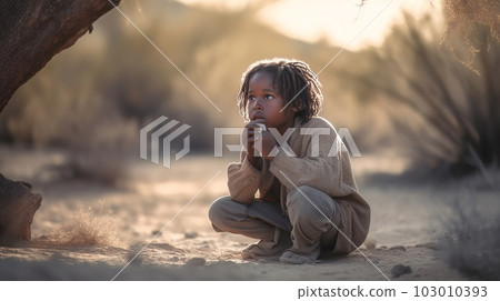 Little pensive African boy sitting on the sand under a tree with a sunset in the background. The problem of drinking water in Africa. Drought. Generated by AI Little pensive African boy sitting on the sand under a tree with a sunset in the background. The problem of drinking water in Africa. Drought. Generated by AI 103010393