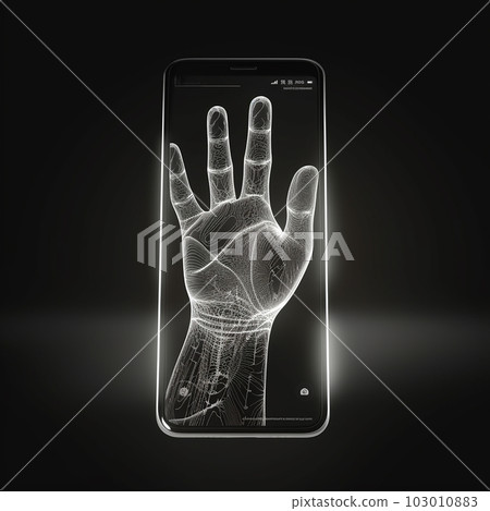 Handprint, hologram on smartphone screen close-up, personal identification 103010883