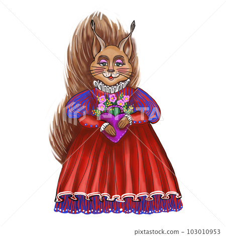 Vintage cute red squirrel, holds a bag with flowers in her hands, in a bright fluffy dress. isolated on a white background. for children, for children's goods postcards. 103010953