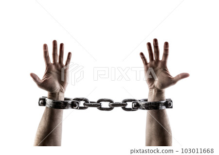 Shackled hands isolated on white background with clipping path 103011668
