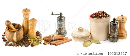 Set of spices and seasonings isolated on white . Wide photo. Collage. Set of spices and seasonings isolated on white . Wide photo. Collage. 103012217