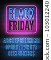 Black Friday sign with blue pink neon alphabet on brick wall background. Night light glowing effect font with numbers. Vector illustration 103012240
