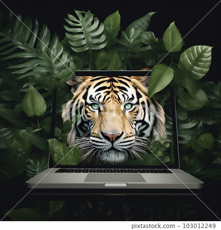 Head of tiger and vines protrude from laptop screen, transition of virtual reality to real one, life from Internet 103012249