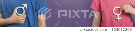 Gender equality banner. Symbols of the genders of a man and a woman in the hands on a purple background. Equal rights for men and women. Copy space. Gender equality banner. Symbols of the genders of a man and a woman in the hands on a purple background. Equal rights for men and women. Copy space. 103012266
