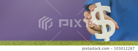 Recession or crisis in the USA. The concept of growth or fall of the economy in the USA. Dollar sign in hand on a purple background as a symbol of the global financial crisis. 103012267