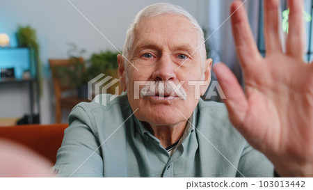 POV of elderly grandfather man making online selfie video call talking waving hand looking at camera POV of elderly grandfather man making online selfie video call talking waving hand looking at camera 103013442