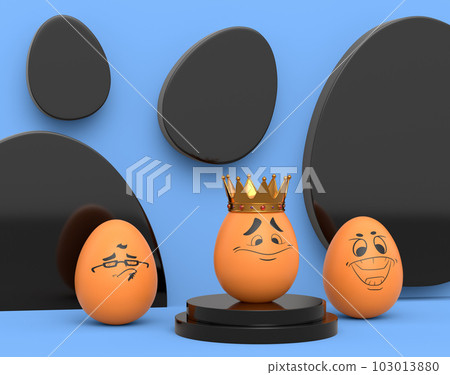 Group of farm brown chicken eggs with funny face and gold crown on them 103013880