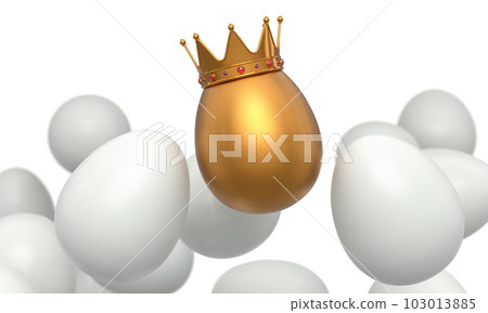 Heap of farm white chicken eggs and unique gold egg in royal king crown Heap of farm white chicken eggs and unique gold egg in royal king crown 103013885