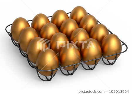 Luxury gold eggs standing in metal tray for morning breakfast 103013904