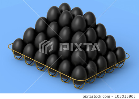 Luxury black eggs standing in pyramid in metal tray for morning breakfast 103013905