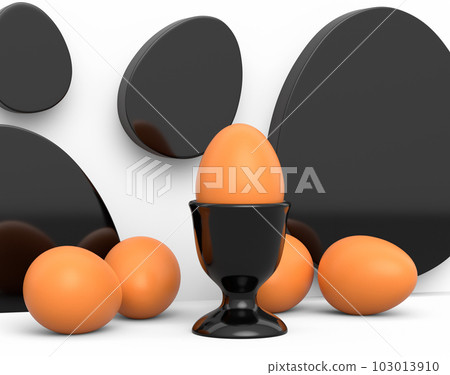 Farm brown egg in ceramic egg cup and scattered eggs on white background Farm brown egg in ceramic egg cup and scattered eggs on white background 103013910