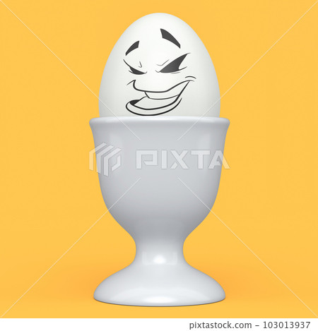 Farm white painted egg with expressions and funny face in ceramic egg cup 103013937