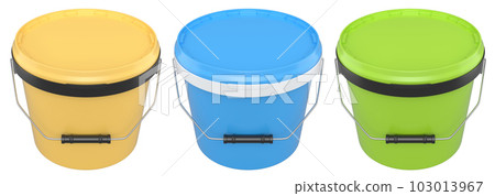 Set of plastic cans or buckets of paint with handle on white background. 103013967