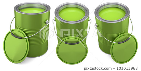 Set of metal cans or buckets of paint with handle on white background. Set of metal cans or buckets of paint with handle on white background. 103013968