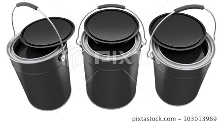 Set of metal cans or buckets of paint with handle on white background. Set of metal cans or buckets of paint with handle on white background. 103013969