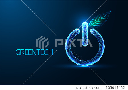 Futuristic concept of greentech, esg, sustainale energy activation with power button and green leaf 103015432