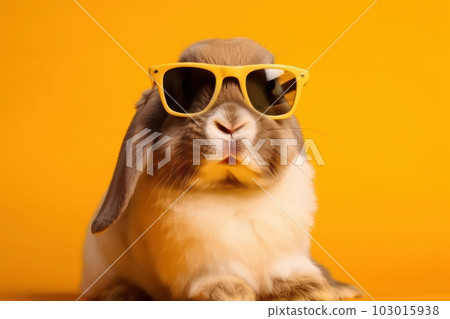 Adorable rabbit with stylish shades looking cool and playful. Vibrant yellow background adds a pop of color. AI Generative. Adorable rabbit with stylish shades looking cool and playful. Vibrant yellow background adds a pop of color. AI Generative. 103015938