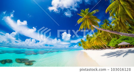 A breathtaking bird's-eye view of Maldives island's tropical beach, with its stunning white sand, palm trees, and crystal-clear turquoise waters, created by Generative AI 103016128