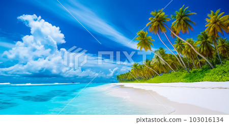 A picturesque view of Maldives island's tropical beach, with its soft white sand, swaying palm trees, and crystal-clear turquoise waters, all created by Generative AI 103016134