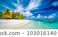 A mesmerizing aerial shot of Maldives island's tropical beach, featuring its white sand, palm trees, turquoise ocean waters, and fluffy clouds, generated by Generative AI 103016140
