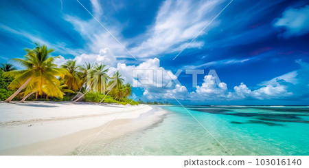 A mesmerizing aerial shot of Maldives island's tropical beach, featuring its white sand, palm trees, turquoise ocean waters, and fluffy clouds, generated by Generative AI 103016140