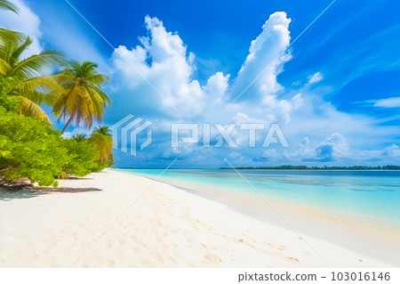 A picturesque view of Maldives island's tropical beach, with its soft white sand, towering palm trees, and pristine turquoise waters, all created by Generative AI 103016146