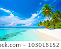 A stunning top-down view of a tropical paradise on Maldives island, with its perfect white sand beach, crystal-clear turquoise waters, and swaying palm trees, created by Generative AI 103016152