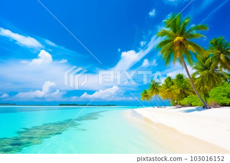 A stunning top-down view of a tropical paradise on Maldives island, with its perfect white sand beach, crystal-clear turquoise waters, and swaying palm trees, created by Generative AI 103016152