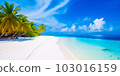 A mesmerizing aerial view of Maldives island's tropical beach, showcasing its beautiful white sand, palm trees, and crystal-clear turquoise waters, all generated by Generative AI 103016159