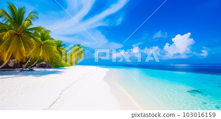 A mesmerizing aerial view of Maldives island's tropical beach, showcasing its beautiful white sand, palm trees, and crystal-clear turquoise waters, all generated by Generative AI 103016159