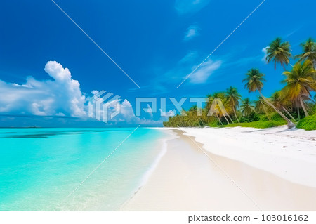 A beautiful panoramic view of Maldives island's tropical beach, showcasing its pristine white sand, lush palm trees, and crystal-clear turquoise waters, all generated by Generative AI 103016162