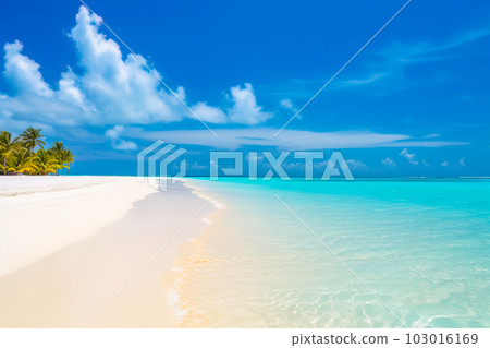 An idyllic scene of Maldives island's tropical beach, featuring its soft white sand, tall palm trees, and crystal-clear turquoise waters, all generated by Generative AI 103016169