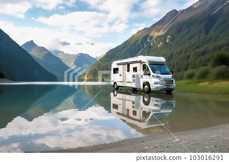 Camper van motor home on the landscape with mountains and lake. Car traveling illustration. Freedom vacation travel. Caravan design concept 103016291