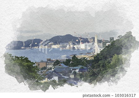 從山口縣下關市壇之浦停車場眺望赤間神社和關門海峽的水彩畫 103016317